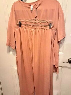 MINTREUS Women's Knit Short Sleeve Top and Long Pants Lounge Set Knit Short